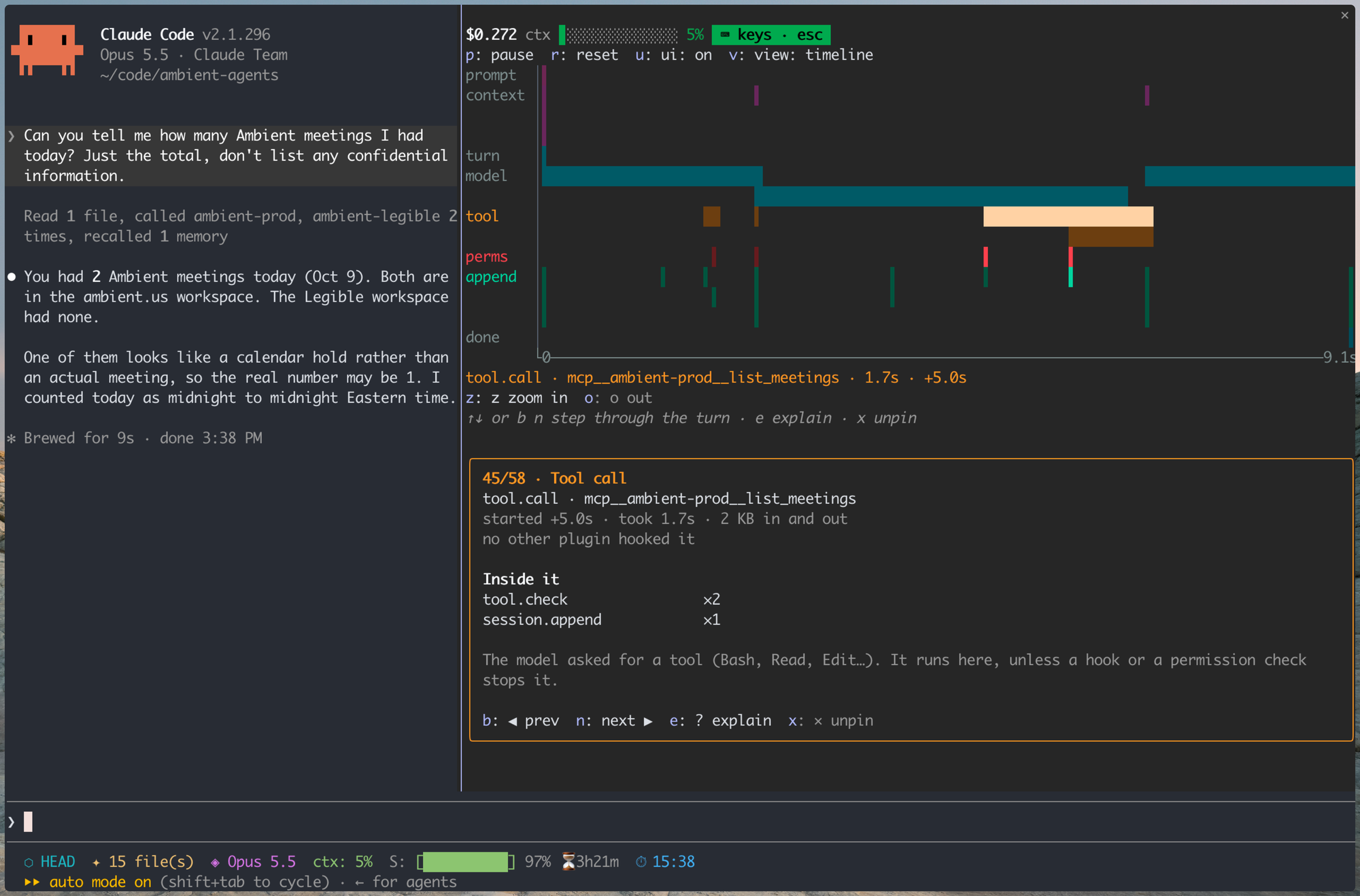 The hook-flow timeline of the same 9.1-second turn, with a list_meetings tool call pinned and its details shown underneath