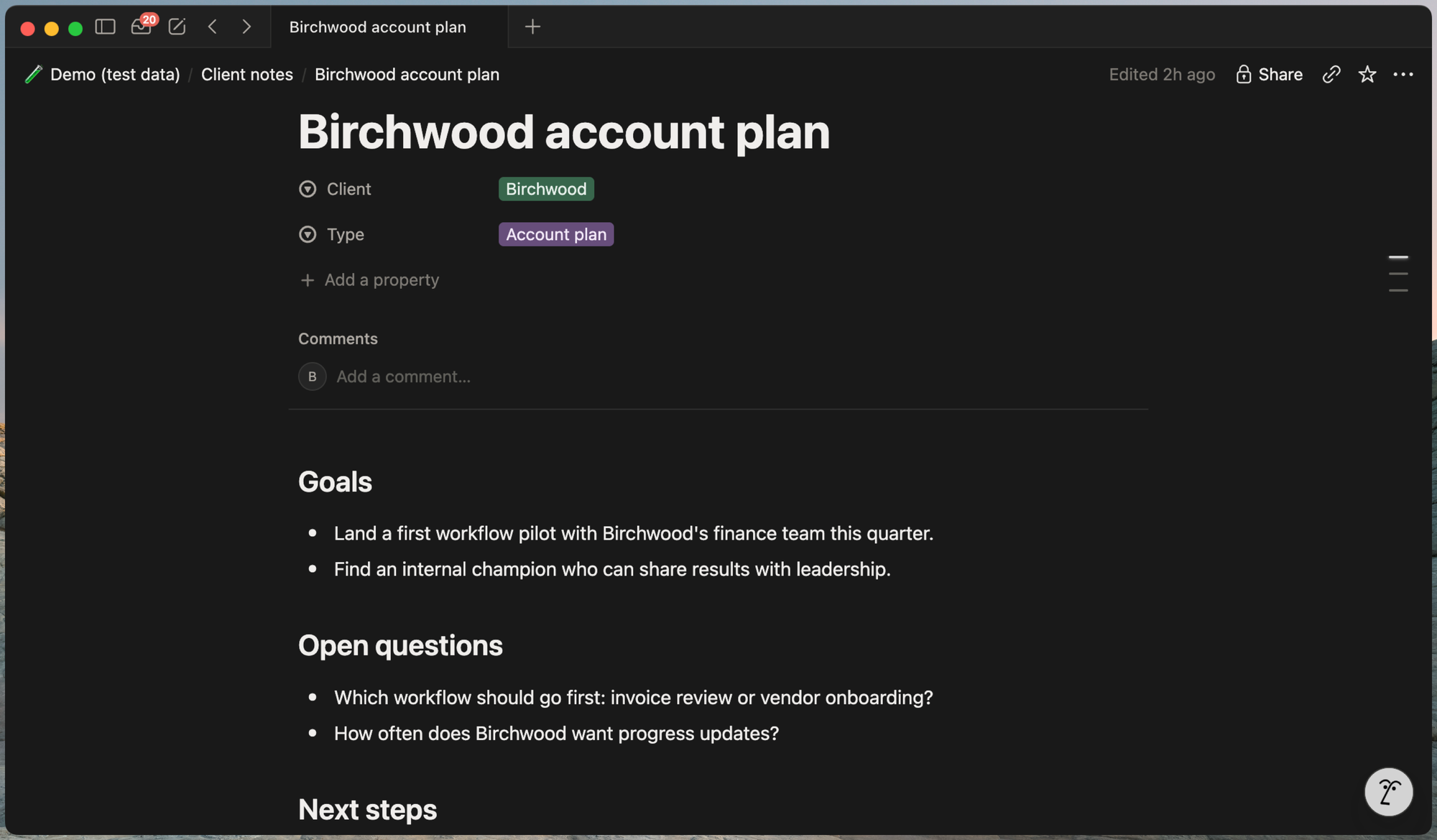 The Birchwood account plan page in Notion, inside a Client notes database, with its Client property set to Birchwood