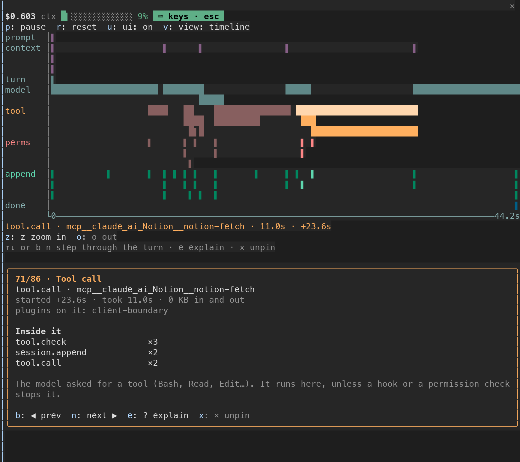 The hook-flow timeline of the Birchwood run, with the Notion fetch pinned and client-boundary listed as a plugin on it