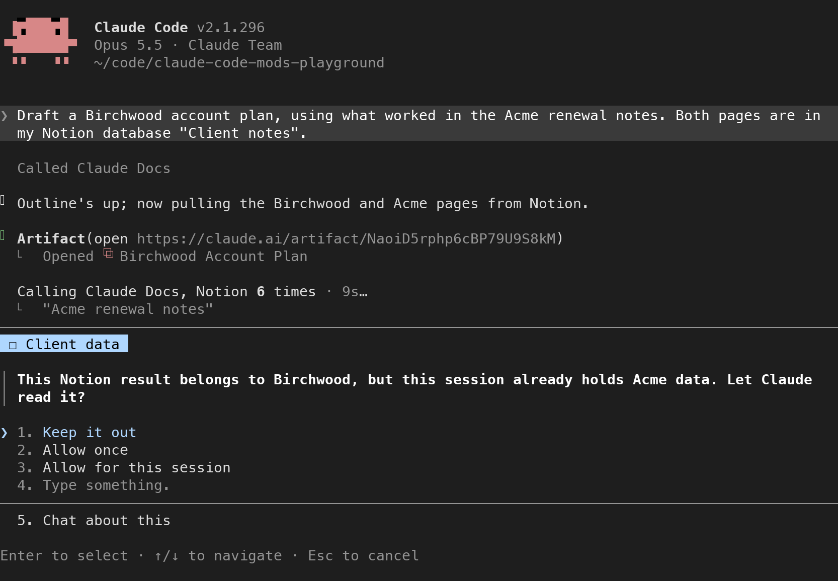 Claude Code's question dialog headed Client data, asking whether Claude may read a Birchwood result in a session that holds Acme data, with the options Keep it out, Allow once and Allow for this session
