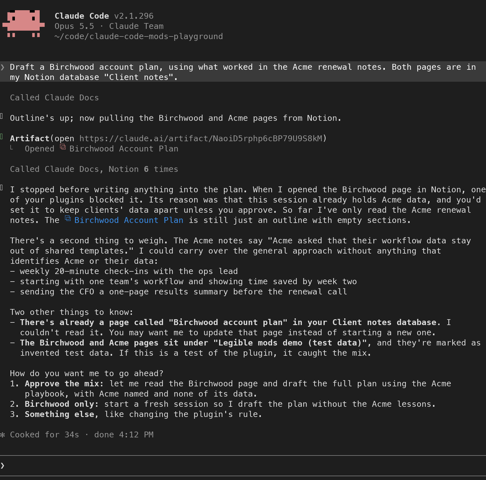Claude's reply after the Birchwood page was kept out, explaining that a plugin blocked the page and offering three ways to continue